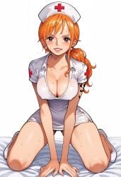 ai_generated alluring almost_naked almost_nude ass big big_breasts blush breasts brown_eyes long_hair looking_at_viewer nami nami_(one_piece) one_piece orange_hair seductive_pose sexy_nurse swimsuit white_clothes z4zt3l4 zaztela