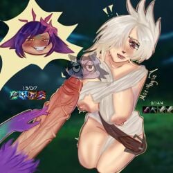 1futa angry_face awkwardlytrashy belly big_breasts big_penis blush breasts female fluffy_hair hentai human humanoid humanoid_penis league_of_legends moridogiie naked neeko purple_hair purple_lipstick purple_nails red_eyes reptile reptile_humanoid riven sex ugly white white_hair yellow_eyes