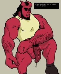 aries03220 balls bara beard bottomless demon facial_hair flaccid horns male male_only muscles muscular pantsless penis solo solo_male text_box