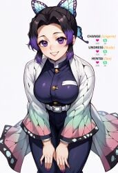 ai_generated breasts demon_slayer female hands_on_knees high_resolution highres kimetsu_no_yaiba kochou_shinobu leaning_forward smile stable_diffusion thick_thighs waifuscans418 wide_hips