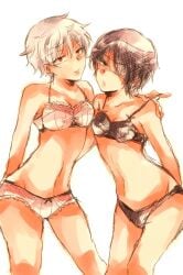 2girls black_bra black_hair black_panties bra eye_patch female female_only genderswap_(mtf) gintama gintoki_sakata hair_over_one_eye lingerie looking_at_viewer neco_rasu panties pink_bra pink_panties rule_63 short_hair small_breasts smile takasugi_shinsuke take_your_pick very_short_hair white_hair