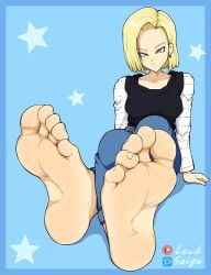 1girl 2d 5_toes android android_18 anime_girl asian asian_female blonde_hair_female blue_background blue_eyes_female casual_clothes clothed_female colored crossed_feet crossed_legs dragon_ball dragon_ball_z feet_apart female female_focus female_only foot_fetish foot_focus fully_clothed_female hand_on_glass japanese japanese_female legs_together lewdsaiga looking_at_viewer meaty_soles pastel_colors short_hair_female sitting tagme toei_animation white_skinned_female