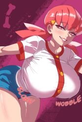 1girls big_breasts blue_shorts bottomwear breast_focus breasts brokenbonesad english_text female female_only game_freak hair hair_ornament half-closed_eyes huge_breasts large_breasts lips motion_lines onomatopoeia pink_eyes pink_hair pokemon pokemon_gsc shirt shorts solo solo_female text thighs topwear white_shirt whitney_(pokemon)