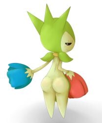 anthro ass blush female funkylikeamonkey generation_3_pokemon genitals green_body looking_back nintendo nude pokemon pokemon_(species) pussy roselia shadow simple_background smile solo