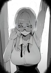 1girls arm_up armpit armpit_crease armpit_fetish armpit_sweat armpits arms_up big_breasts black_and_white blush blushing busty clothed female female_only glasses hoyoverse large_breasts masoq095 mihoyo monochrome mostly_clothed sweaty_armpits tsukishiro_yanagi wet wet_skin zenless_zone_zero