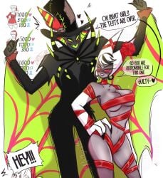 2demons black_body blush breasts carmilla_carmine demon demon_boy demon_girl demon_humanoid demoness demons dialogue duo female green_eyes grey_body hair hazbin_hotel male male/female milf ncat08 nipples partially_clothed simple_background smile straight thick_thighs white_hair zestial