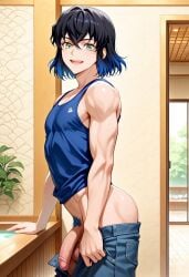 abs ai_generated ass balls bathhouse biceps big_balls big_penis black_hair blue_hair blush gay gradient_hair green_eyes inosuke_hashibira looking_at_viewer male male_only muscular muscular_male nude_male open_mouth pants_down penis pubic_hair smile tank_top toned_body toned_male twall97