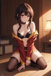 ai_generated bra brown_hair clothed collar half-dressed kneeling kono_subarashii_sekai_ni_shukufuku_wo! megumin off_shoulder red_dress red_eyes short_hair small_breasts stockings takemehigh thighhighs