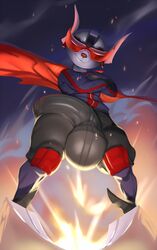 anthro balls boots bulge cape clothing crossed_arms fully_clothed furry glasses helmet hyper hyper_balls hyper_penis jacket justmegabenewell knee_pads league_of_legends looking_at_viewer male male_only pants penis penis_outline red_cape red_glasses red_nose riot_games rumble_(lol) smile solo super_galaxy_rumble super_galaxy_series video_games yordle