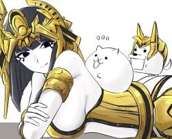 1girls armor basic_cat big_breasts black_hair breasts doge_(battle_cats) gold_armor helmet light-skinned_female lightmother_aset sideboob the_battle_cats