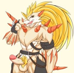 balls belt blonde_hair blue_eyes chaps chest_tuft digimon erection hair hedgehog kemono male male_only mammal muscular penis pubes sagemerric solo spikes sweat teeth tuft