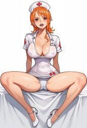 ai_generated alluring almost_naked almost_nude ass big big_breasts blush breasts brown_eyes long_hair looking_at_viewer nami nami_(one_piece) one_piece orange_hair seductive_pose sexy_nurse swimsuit white_clothes z4zt3l4 zaztela