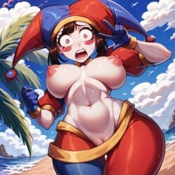 1girls ai_generated beach blush_stickers brown_hair curvy jester_hat large_breasts looking_at_viewer nude nude_female pomni_(the_amazing_digital_circus) scared_expression solo the_amazing_digital_circus