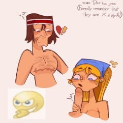 blonde_hair_female blue_eyes brown_fur brown_hair_male idk_what_to_tag_it lindsay_(tdi) meme_in_the_background penis penis_grab total_drama_island tyler_(tdi)