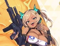 big_breasts gun gyaru headphones tongue_out weapon