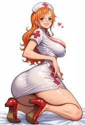 ai_generated alluring almost_naked almost_nude ass big big_breasts blush breasts brown_eyes long_hair looking_at_viewer nami nami_(one_piece) one_piece orange_hair seductive_pose sexy_nurse swimsuit white_clothes z4zt3l4 zaztela