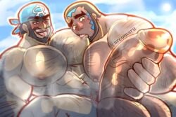 archie_(pokemon) arcomaru balls bara beard big_penis blush boner erection facial_hair gay male male_only matt_(pokemon) muscles muscular musk nintendo nude penis pokemon sucking_nipples sweat sweating team_aqua tongue_out