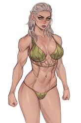 1girls 2023 athletic_female baldur's_gate_3 big_breasts breasts_apart broad_shoulders clothed deep_cleavage elf_ears female_only gilf green_eyes hair_jewelry hair_ornament half_elf jaheira muscular_arms scar solo_female thick_thighs toned_stomach underwear white_background white_hair wrinkles ykshelter