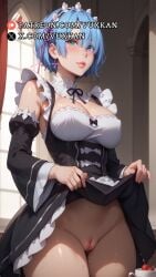 ai_generated blue_eyes blue_hair blush blushing blushing_female breasts el_clive_(edited) el_clive_was_here looking_at_viewer maid maid_headdress maid_outfit maid_uniform no_panties no_pubic_hair pussy re:zero_kara_hajimeru_isekai_seikatsu rem_(re:zero) skirt_up vuxkan