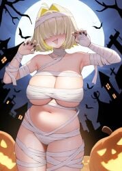 bandages black_nails blonde_hair blunt_bangs blush breasts collarbone colored_inner_hair covered_eyes elegg_(nikke) female full_moon goddess_of_victory:_nikke hair_intakes hair_over_eyes halloween hands_up highres jack-o'-lantern large_breasts moon multicolored_hair mummy_costume nail_polish naked_bandage navel night open_mouth outdoors revision short_hair smile solo stomach thighs underboob wei_xiao