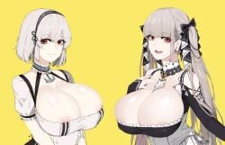 2girls anchor anchor_choker areola_slip areolae azur_lane b_o_x big_breasts box20502017 breasts cleavage closed_mouth clothing detached_collar dress earrings erect_nipples_under_clothes female female_only formidable_(azur_lane) grey_hair hair_ornament huge_breasts jewelry long_hair looking_at_viewer nipple_bulge open_mouth red_eyes short_hair sirius_(azur_lane) smile tied_hair twintails white_hair xiangzi_box yellow_background