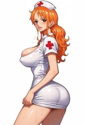 ai_generated alluring almost_naked almost_nude ass big big_breasts blush breasts brown_eyes long_hair looking_at_viewer nami nami_(one_piece) one_piece orange_hair seductive_pose sexy_nurse swimsuit white_clothes z4zt3l4 zaztela