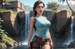 1girls ai_generated artist_name bare_shoulders belt blue_leotard braid breasts brown_hair brown_shorts closed_eyes covered_navel cowboy_shot day gun handgun hi_res highleg holster lara_croft lara_croft_(survivor) large_breasts leotard lips long_hair makeup nose open_mouth outdoors r34arts short_shorts shorts single_braid solo standing thigh_holster tomb_raider tomb_raider_(survivor) tree water waterfall weapon