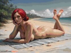 ai_generated barefoot beach feet foot_fetish gigatsu looking_at_viewer lying lying_on_stomach naked naked_female red_hair seductive seductive_look sole_female soles the_witcher_(series) the_witcher_3:_wild_hunt toes triss_merigold