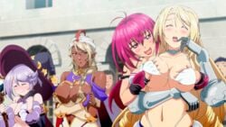 4girls ahe_gao animated armor bare_midriff bare_shoulders big_breasts bikini bikini_warriors blonde_hair blush bra breast_focus breast_fondling breasts breasts_grab closed_eyes dark_elf_(bikini_warriors) dark_skin female fighter_(bikini_warriors) grope hand_in_bra hat large_breasts lipstick long_hair mage_(bikini_warriors) midriff multiple_females multiple_girls navel off_shoulder open_mouth paladin_(bikini_warriors) pointy_ears red_eyes red_hair shoulders smile standing underboob very_long_hair white_bra yuri