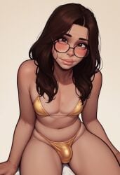 1boy ai_generated bikini black_eyes brown_hair bulge civitai claire_(truep81) femboy feminine feminine_male girly glasses long_hair looking_at_viewer male_focus male_only sitting truep81_(artist) yellow_bikini