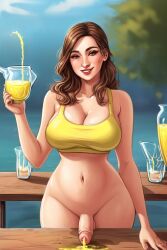 ai_generated brown_hair cleavage drinking_glass drinking_urine futanari lemonade mommy peeing public public_nudity urine