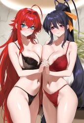 2girls ai_generated akeno_himejima big_ass bikini blushing_female breast_to_breast cleft_of_venus curvy_females females_only girlfriends high_school_dxd holding_hands indoors large_breasts lesbian_couple rias_gremory rias_x_akeno yuri yuri yuri