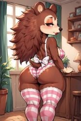 absurd_res ai_generated animal_crossing anthro apron apron_only ass bedroom_eyes big_breasts big_butt breasts brown_body brown_fur brown_hair clothing curvy_figure eulipotyphlan female freckles fur hair half-closed_eyes hedgehog huge_breasts huge_butt huge_thighs hyper hyper_breasts kneeling looking_at_viewer mammal narrowed_eyes nintendo sable_able seductive short_tail solo tail thick_thighs