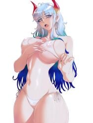 1girls areolae big_breasts big_thighs bikini bikini_bottom bikini_top blue_hair breasts earrings female female female_only hand_on_breast large_breasts nipples one_piece opalisart open_mouth partially_clothed translucent translucent_clothing underwear white_background white_hair yamato_(one_piece)