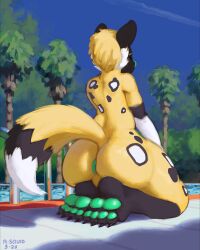 2026 absurd_res african_wild_dog anthro anus artist_name ass big_butt blonde_hair canid canine claws colored digital_media_(artwork) digital_painting_(artwork) feet fur hair hi_res humanoid kneeling kneeling_on_ground light lighting male mammal nude outside painting_(artwork) palm_tree pawpads perineum plant poolside riskysquid shaded signature solo swimming_pool tail teal_anus teal_nose teal_pawpads text toe_claws toes tree tweesee_(character) water yellow_body yellow_fur