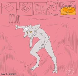 2024 alarmed anthro antlers balls booby_trap clothing comic countingsheepdogs deer digital_drawing_(artwork) digital_media_(artwork) digitigrade erection fur genitals hair hi_res hooves horn hypnosis hypnotic_gas hypnovember leaning_against_wall looking_down male male_focus male_only mammal masturbation mind_control mostly_nude nude penis ringed_eyes scarf scarf_only signature smile smoke solo standing tail vent