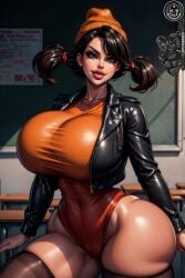 ai_generated ashley_spinelli brunette bythebrokenone disney huge_breasts italian large_breasts leather_jacket leotard nai_diffusion pigtails raven_hair recess red_dress slim_waist stable_diffusion stockings thick_thighs