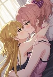 2girls ai-generated ai_generated blonde_hair eye_contact female_focus fully_clothed hug idolmaster idolmaster_cinderella_girls incest jougasaki_mika jougasaki_rika kissing multiple_girls nai_diffusion painted_nails pink_hair sisters unknown_ai_generator yellow_eyes younger_female yuri