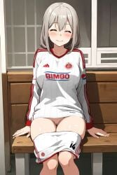 ai_generated closed_eyes green_hair long_hair long_sleeves milf nekom14 no_panties pussy shorts_pull sitting smile soccer_jersey uzaki-chan_wa_asobitai! uzaki_tsuki