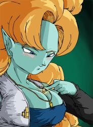 1boy 1girls between_breasts blue_body breasts cleavage cloclo2 collar dragon_ball dragon_ball_z earrings finger_on_head giantess growth krillin kuririn large_breasts magic miniboy open_mouth orange_hair pushing_down shocked shrinking smile source_request zangya