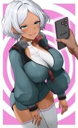 1boy asticassia_school_uniform big_breasts blue_eyes blue_jacket blue_shorts breasts cellphone commentary dark-skinned_female dark_skin drooling english_commentary female grey_hair gundam gundam_suisei_no_majo halterneck highres hypnosis jacket large_breasts leotard long_sleeves looking_at_phone mind_control open_mouth parted_bangs partially_unzipped phone saliva school_uniform secelia_dote short_hair short_shorts shorts shoulder_boards simple_background smartphone solo_focus spiral_background sweat t3x thighhighs tongue tongue_out white_leotard white_thighhighs