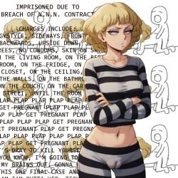 belly belly_button blonde_hair blue_eyes cameltoe crossed_arms desert_rose english_text eyeliner eyeshadow fingerontheejectbutton freckles irene_sanders makeup meme midriff navel no_nut_november pouting prison_uniform puffy_pussy text