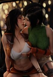 2girls abs billyhhyb breasts crop_top female_only final_fantasy final_fantasy_vii final_fantasy_vii_rebirth final_fantasy_vii_remake fingerless_gloves gloves hand_on_another's_chest highres large_breasts light-skinned_female light_skin multiple_girls only_female panties patreon_username sports_bra tagme tifa_lockhart underwear white_sports_bra yuffie_kisaragi yuri