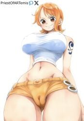 1girls ai_generated belly_button big_breasts brown_eyes cameltoe clothing female female_only huge_breasts lowleg nami nami_(one_piece) narrow_waist one_piece orange_hair pre-timeskip priestofart short_hair shorts smile solo solo_female solo_focus tagme tagme_(artist) tagme_(character) tattoo tattooed_arm thick_thighs thin_waist wide_hips