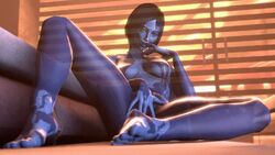 3d animated artificial_intelligence barefoot black_hair blink blue_eyes breasts cortana cortana_v2 couch feet female female_focus female_only finger_in_mouth halo_(series) halo_4 hologram looking_at_viewer masturbation medium_breasts navel noname55 short_hair sitting solo source_filmmaker wink