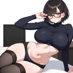 ai_generated ass big_breasts big_butt big_heels couch couch_sitting glasses milf room short_hair socks thong wife zadbhell