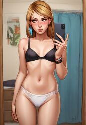 ai_assisted ai_couture ai_generated blonde_female blonde_hair blush bra embarrassed eyeliner holding_phone life_is_strange mirror mirror_selfie panties phone rachel_amber selfie underwear