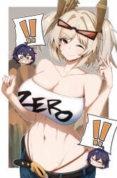 2girls angry angry_face belle_(zenless_zone_zero) belly belly_button big_breasts blonde_female blonde_hair blonde_hair_female blue_hair blush breasts burnice_white busty cleavage embarrassed eyewear_on_head female female_only flustered geek gin_moku hoyoverse huge_breasts large_breasts light-skinned_female light_skin looking_at_viewer mihoyo mihoyo_technology_(shanghai)_co._ltd. mostly_clothed navel shirt_lift shirt_up sons_of_calydon sweat thong_straps tummy twintails yuri zenless_zone_zero