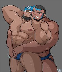 abs archie_(pokemon) bandana bara beard biceps blush bulge closed_eyes clothed crotch_grab facial_hair flaccid gay grope jockstrap maldu male male_only matt_(pokemon) multiple_males muscles nintendo nipples pecs pokemon speedo team_aqua video_games yaoi