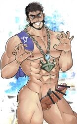 archie_(pokemon) balls bara beard boner cock_ring erection facial_hair male male_only muscles muscular nintendo penis pokemon solo solo_male sweat sweating team_aqua ushio_takigawa